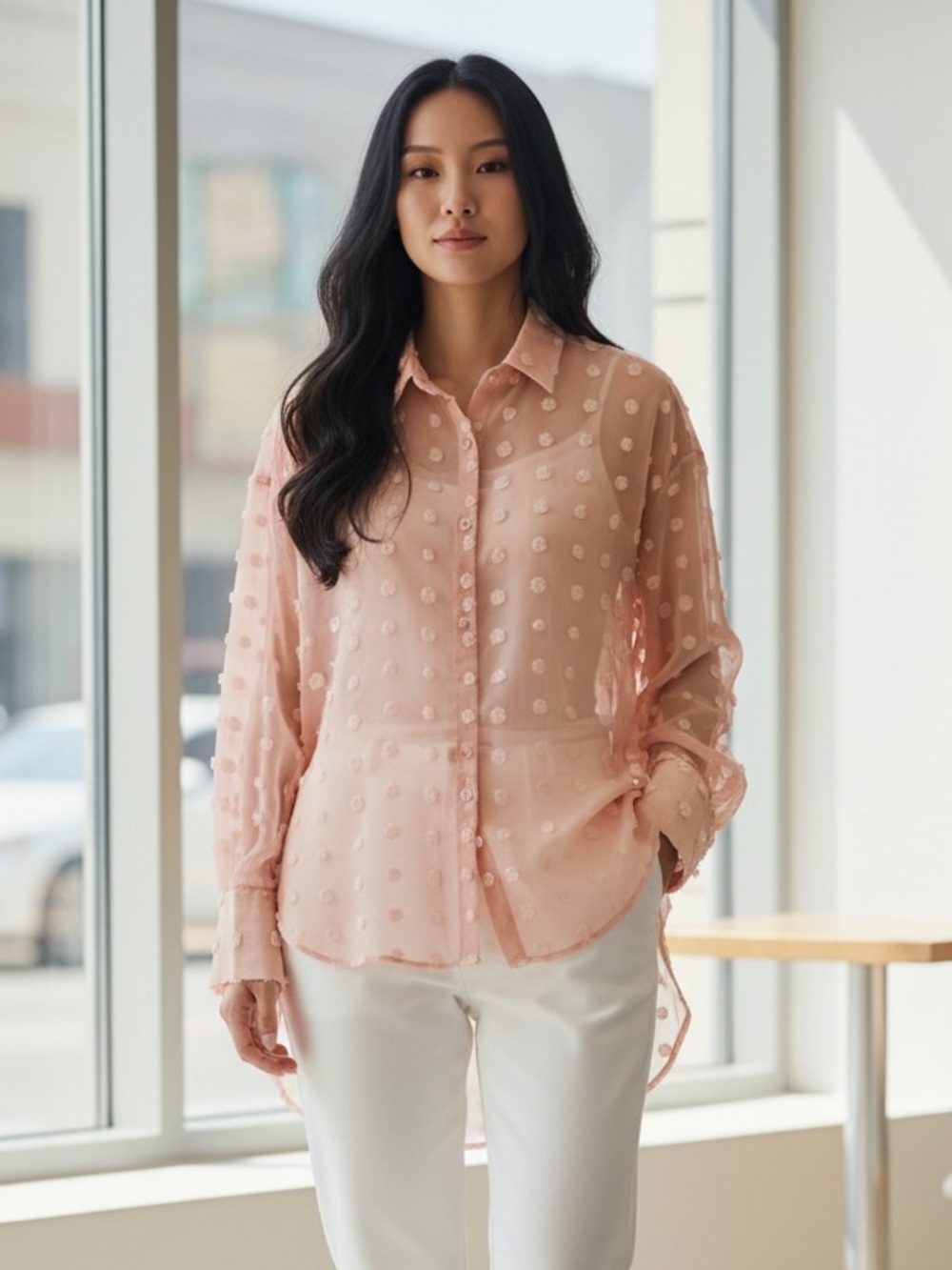 Sheer Pink Dot-Embellished Men's Button-Up Shirt